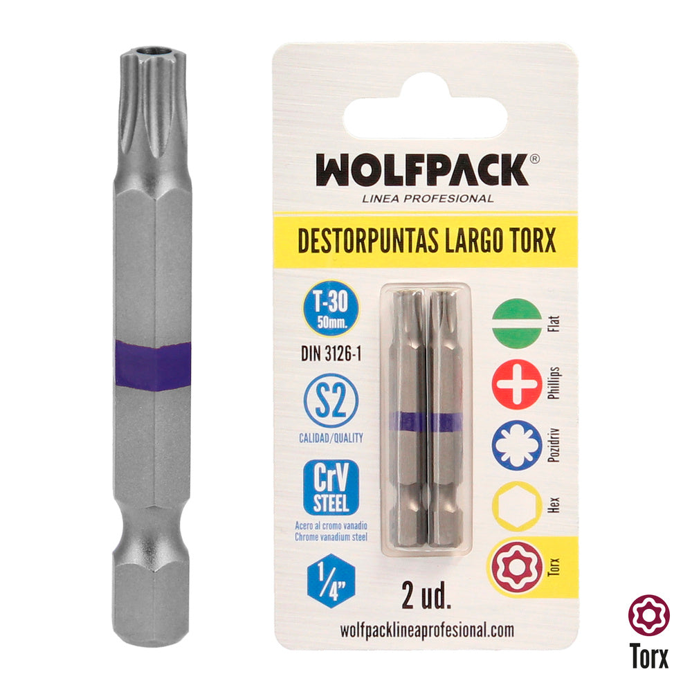 Puntas largas destornillador torx t30 (2 piezas). Acero s2 al cromo vanadio. Puntas hexagonales, destorpuntas,
