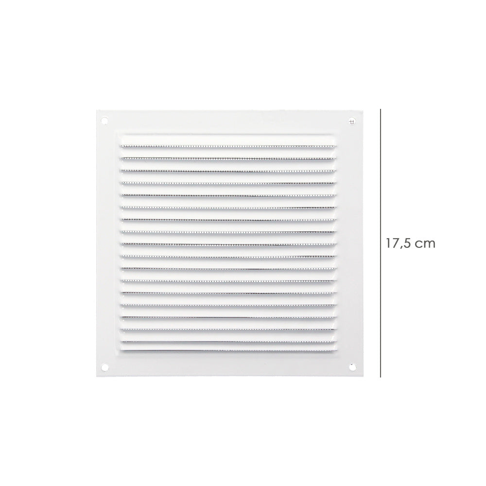 White aluminum ventilation grille with screw-on mosquito net 175 x 175 mm