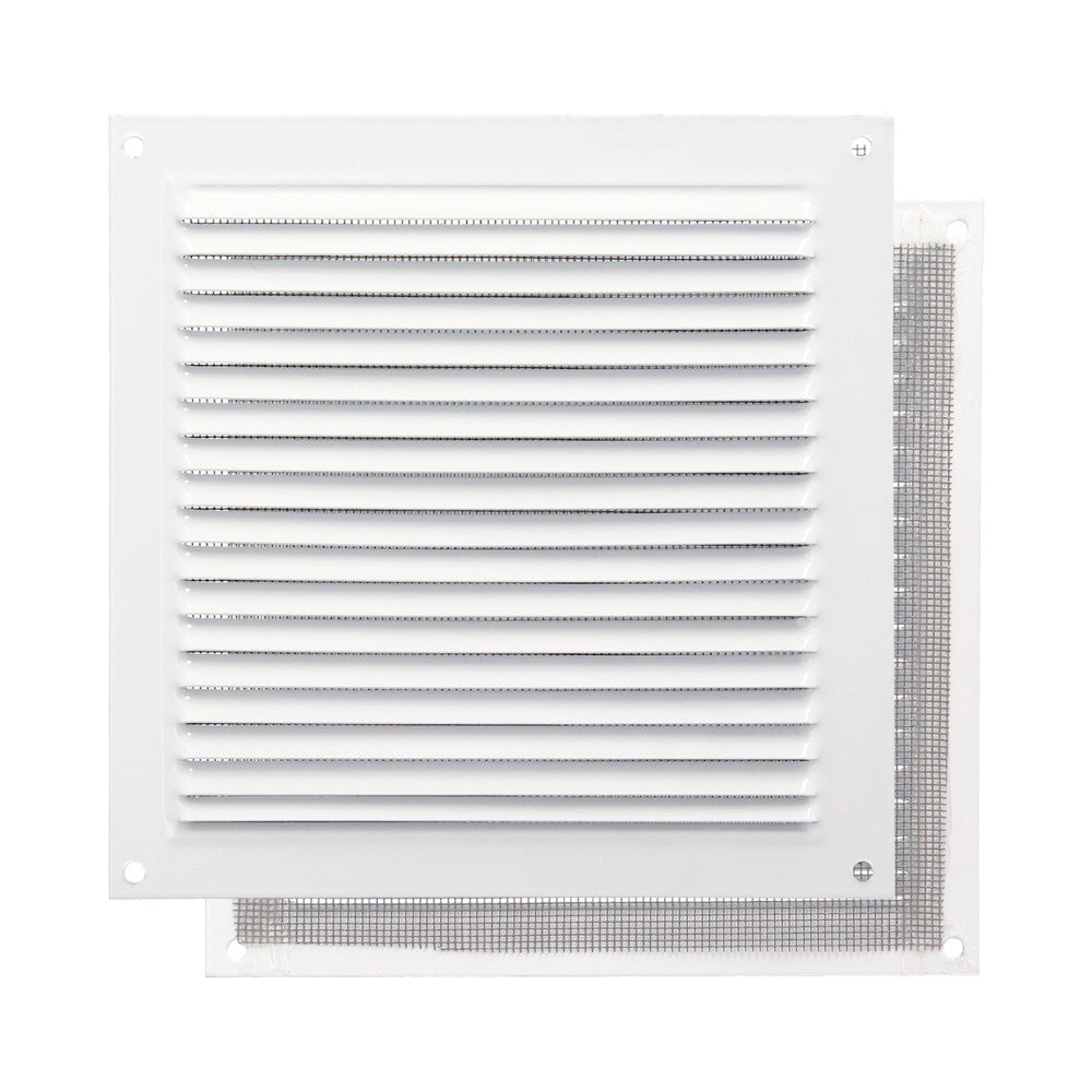 White aluminum ventilation grille with screw-on mosquito net 175 x 175 mm