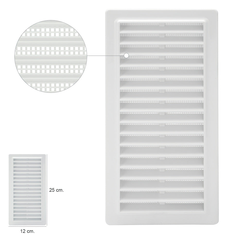 Recessed plastic grille with back mesh 25x12 cm