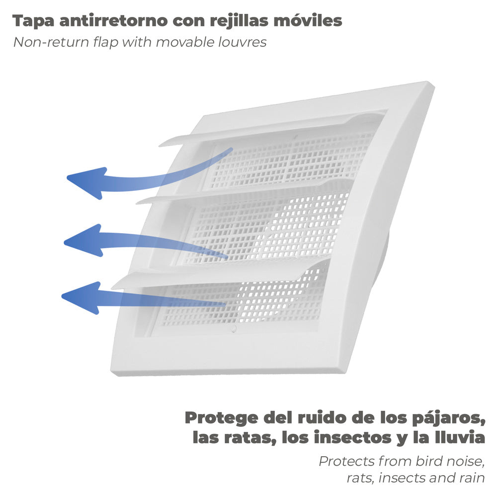 Plastic grille with back mesh and movable louvers 15x15 cm