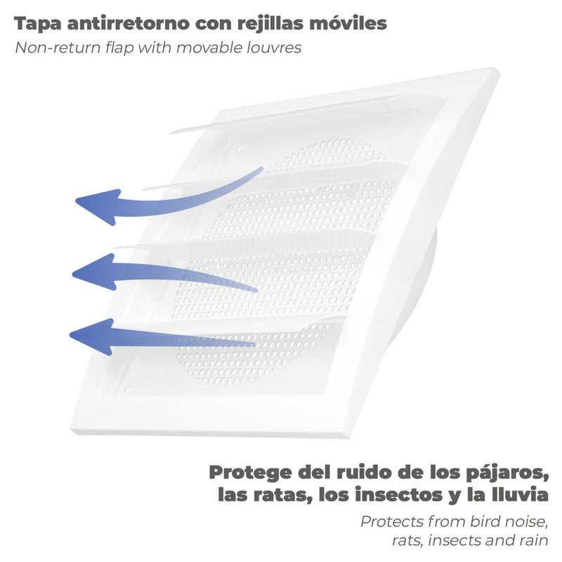 Rejilla de plástico con malla posterior y lamas movibles 20x20 cm