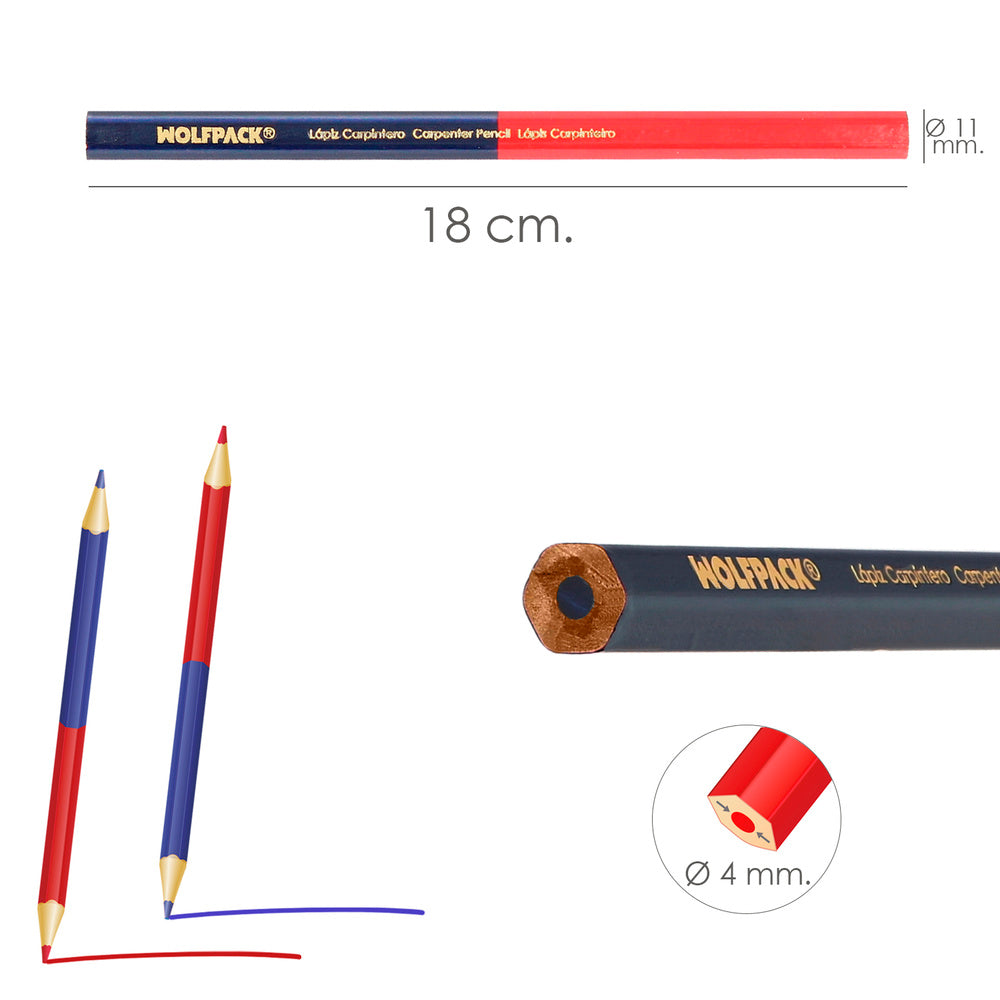 Lápiz carpintero bicolor 18 cm (12 unidades) lapices marcadores, carpintería, marcador obra colo rojo / azul