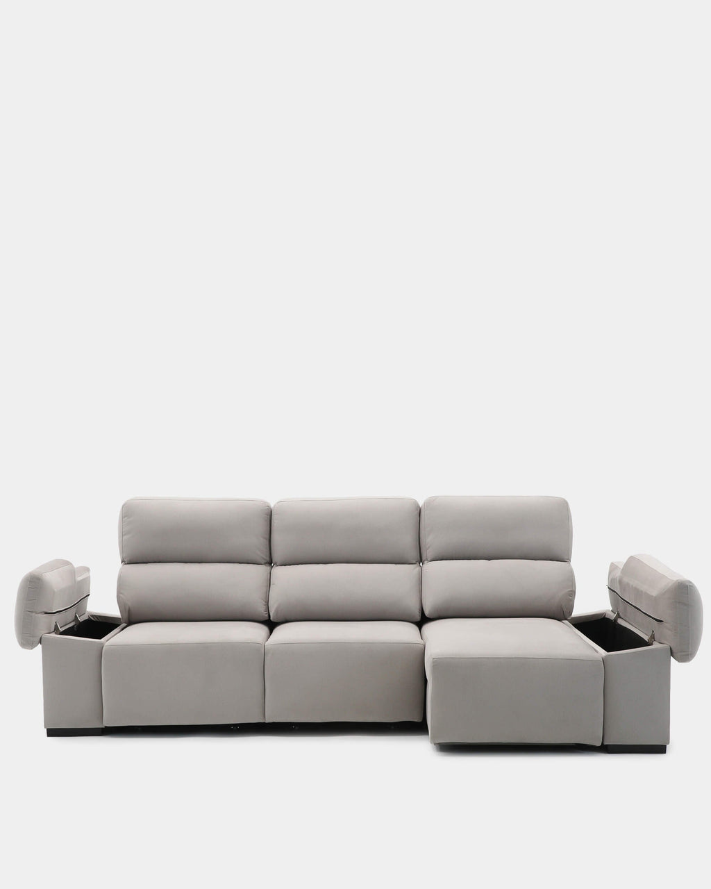 Sofá chaise longue cinzento de 3 lugares com design envolvente para sala de estar