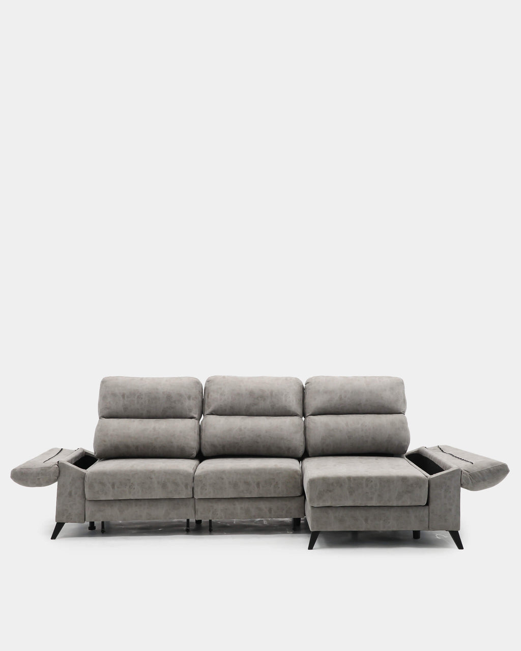 Sofá chaise longue cinzento de 3 lugares, 280 cm, com mecanismo extensível.