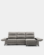 Sofá chaise longue cinzento de 3 lugares, 280 cm, com mecanismo extensível.