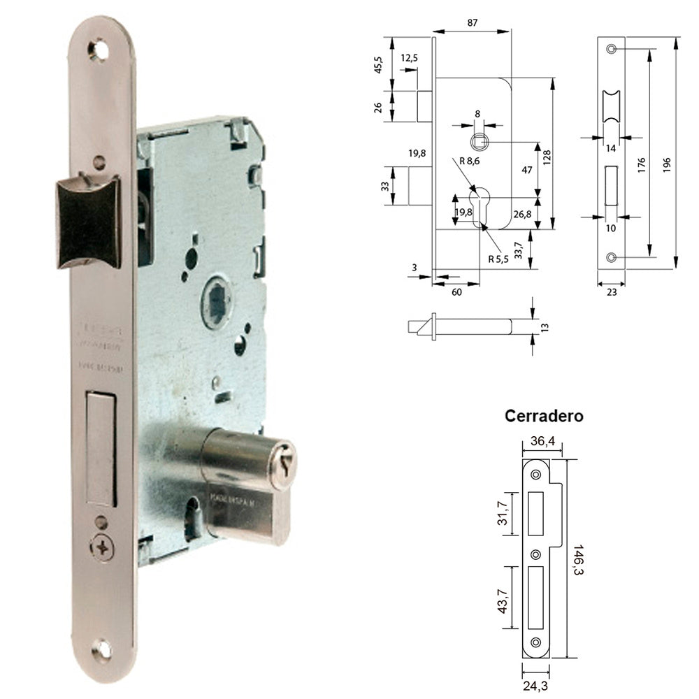 Tesa 2010-P-HN/60 latch with round forend