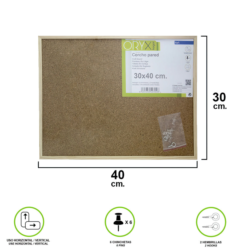 Cork wall 30x40 cm wooden frame with 6 thumbtacks
