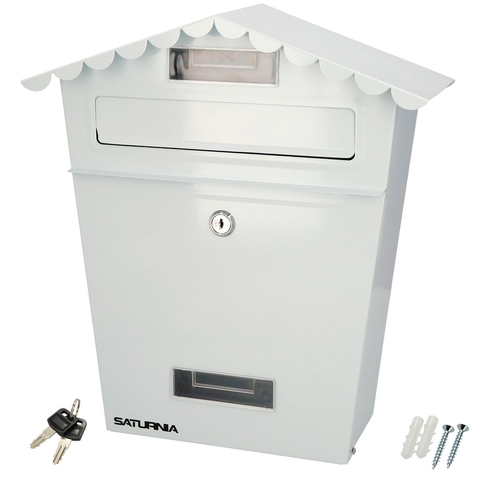 Outdoor white house mailbox 330 x 125 x 365 (H) mm. with roof, painted steel. wall mailbox, letter box, post box