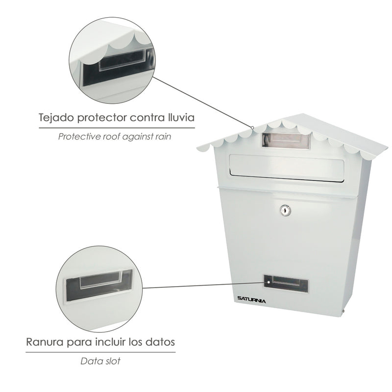 Buzon exteriores house blanco 330 x 125 x 365 (alt.) mm. con tejado, acero pintado. buzon pared, buzon cartas, buzon correos