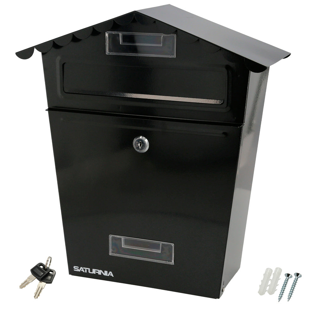 Outdoor Black House Mailbox 330 x 125 x 365 (H) mm. With Roof, Painted Steel. Wall Mailbox, Letterbox, Post Box