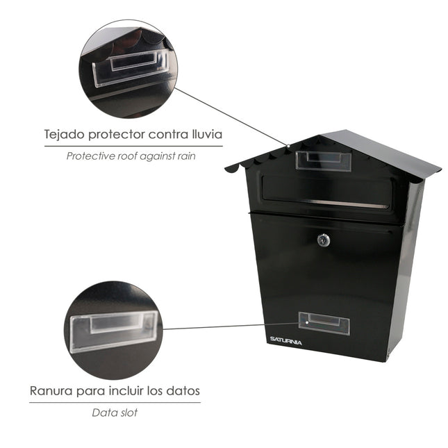 Buzon exteriores house negro 330 x 125 x 365 (alt.) mm. con tejado, acero pintado. buzon pared, buzon cartas, buzon correos