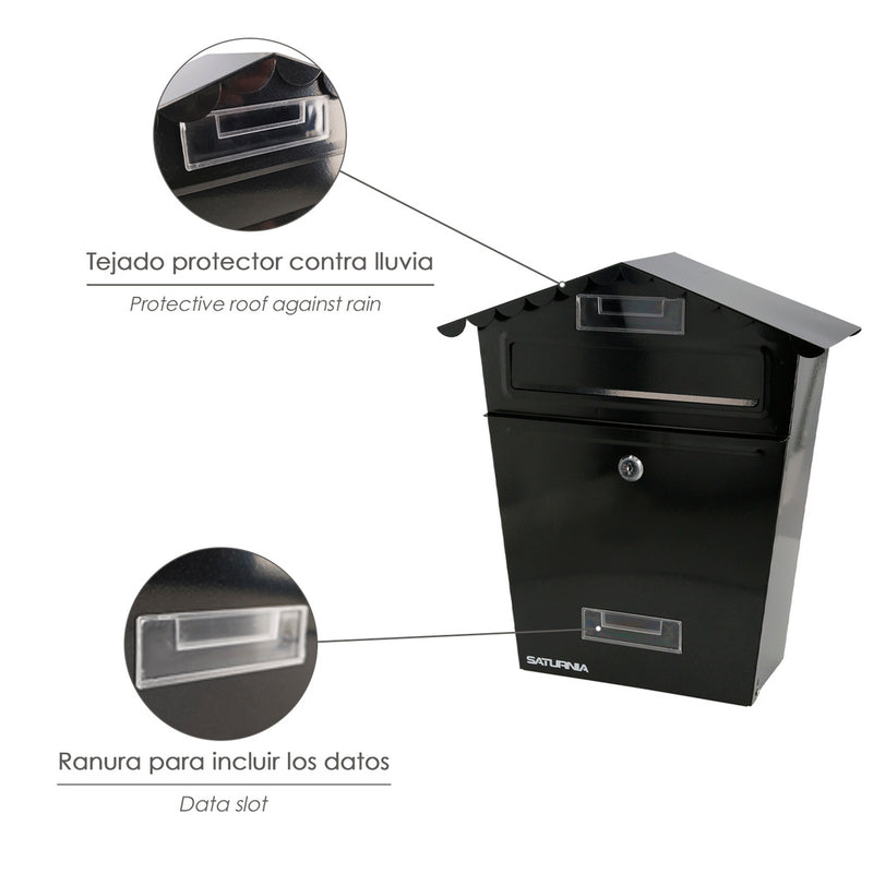Buzon exteriores house negro 330 x 125 x 365 (alt.) mm. con tejado, acero pintado. buzon pared, buzon cartas, buzon correos