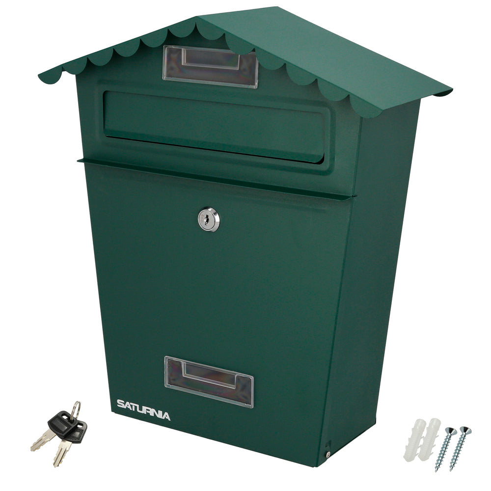Outdoor mailbox green 330 x 125 x 365 (H) mm. with roof, painted steel. wall mounted mailbox, letterbox, post box