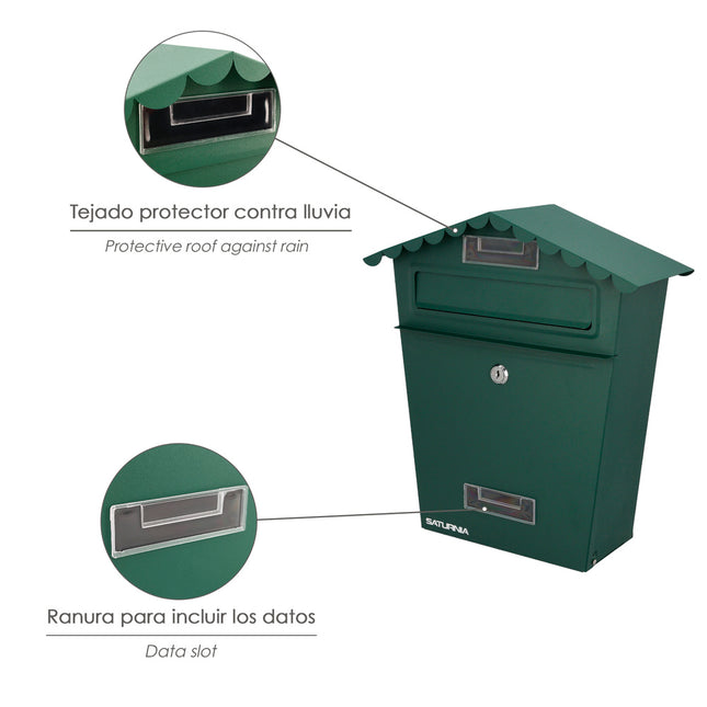 Buzon exteriores house verde 330 x 125 x 365 (alt.) mm. con tejado, acero pintado. buzon pared, buzon cartas, buzon correos