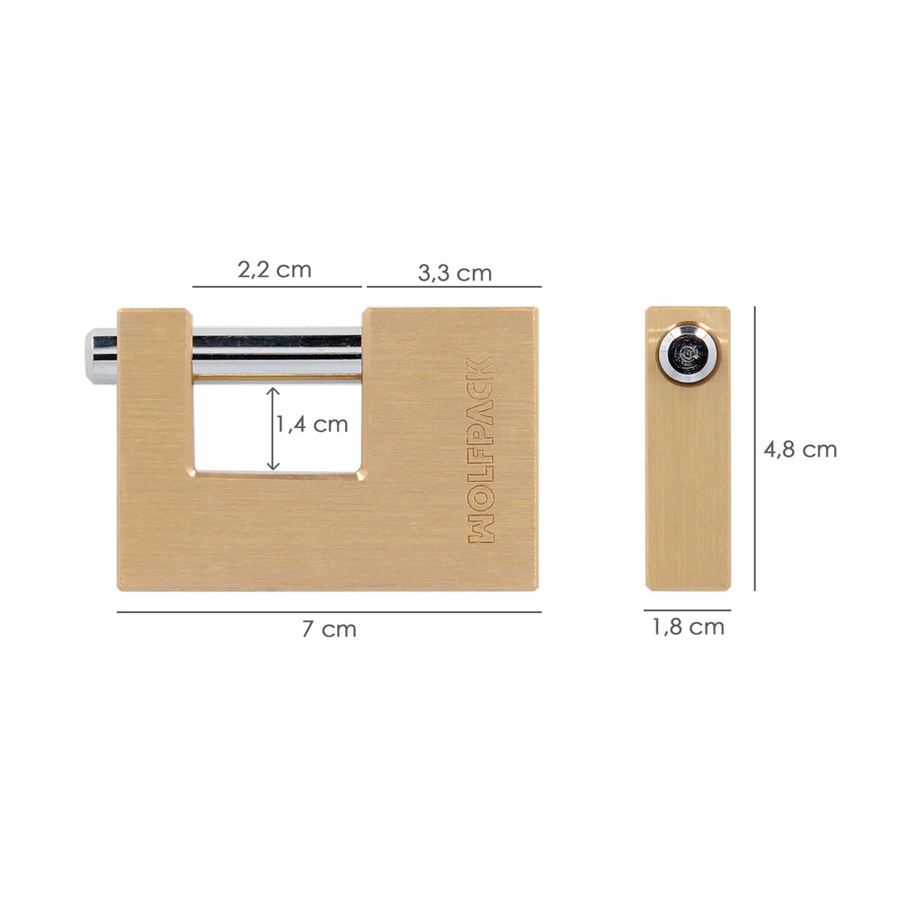 Candado cuadrado latón persiana ancho 70 mm alta seguridad, antirrobo puertas, contenedores, trasteros, 2 llaves