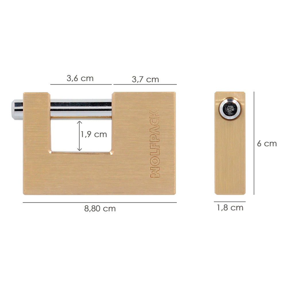 Candado cuadrado latón persiana ancho 70 mm alta seguridad, antirrobo puertas, contenedores, trasteros, 2 llaves