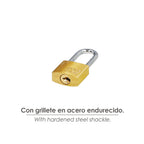 Candado latón arco largo 20 mm arco endurecido. Candado maletas, taquillas, puertas