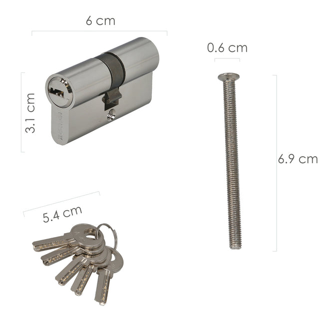 Cilindro seguridad 30x30 mm/13,5 leva corta corta niquelado con 5 llaves