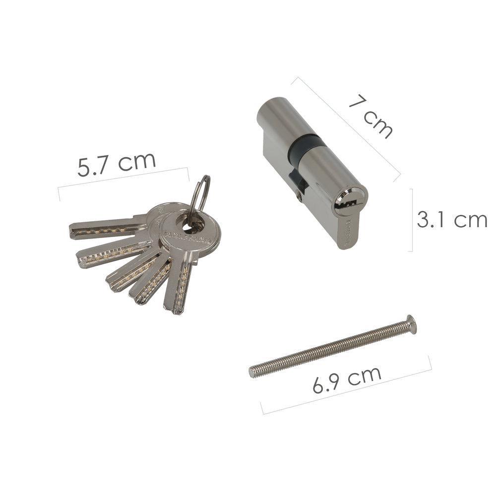 35x35 mm/13.5 security cylinder with short cam, nickel-plated, with 5 keys