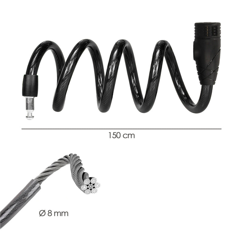 Cable bicicleta espiral con llave ø 8 mm. x 150 cm