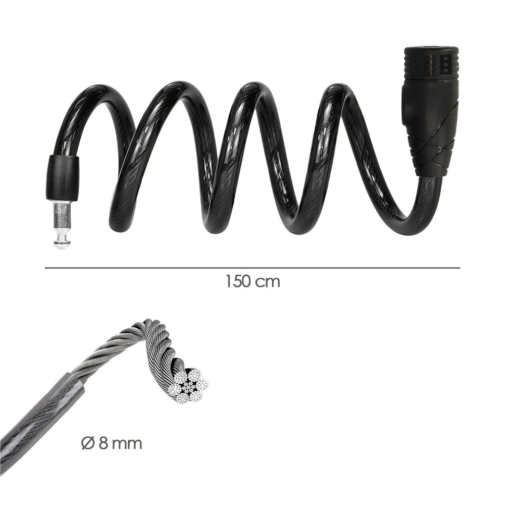 Cabo de bicicleta espiral com chave ø 8 mm x 150 cm