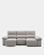 Sofá chaise longue cinzento de 3 lugares com design envolvente para sala de estar