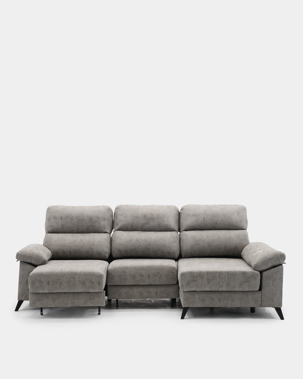 Sofá chaise longue cinzento de 3 lugares, 280 cm, com mecanismo extensível.