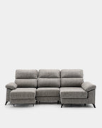 Sofá chaise longue cinzento de 3 lugares, 280 cm, com mecanismo extensível.