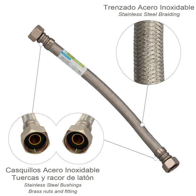 Latiguillo flexible reforzado acero inoxidable termo hembra 1/2" - hembra 1/2" longitud 300 mm