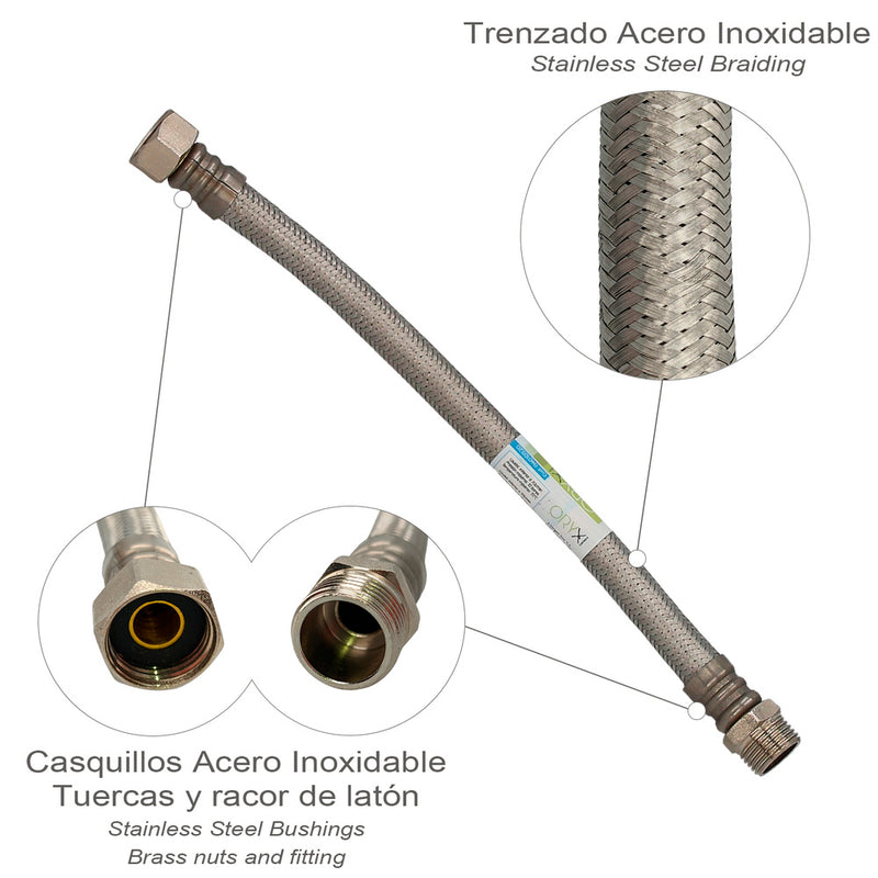 Latiguillo flexible reforzado acero inoxidable termo macho 1/2" - hembra 1/2" longitud 300 mm
