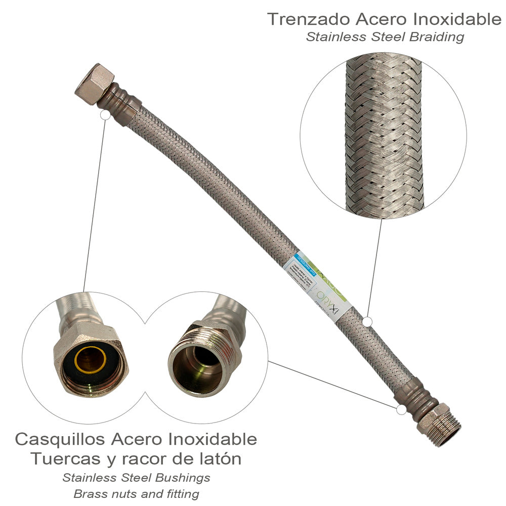 Stainless steel reinforced flexible hose, male 1/2" - female 1/2", 300 mm length