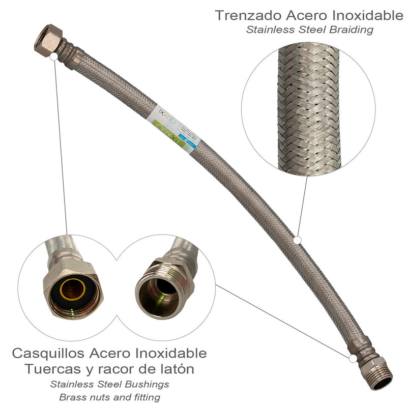 Latiguillo flexible reforzado acero inoxidable termo macho 1/2" - hembra 1/2" longitud 400 mm