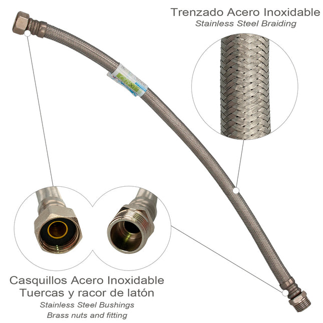 Latiguillo flexible reforzado acero inoxidable termo macho 1/2" - hembra 1/2" longitud 500 mm
