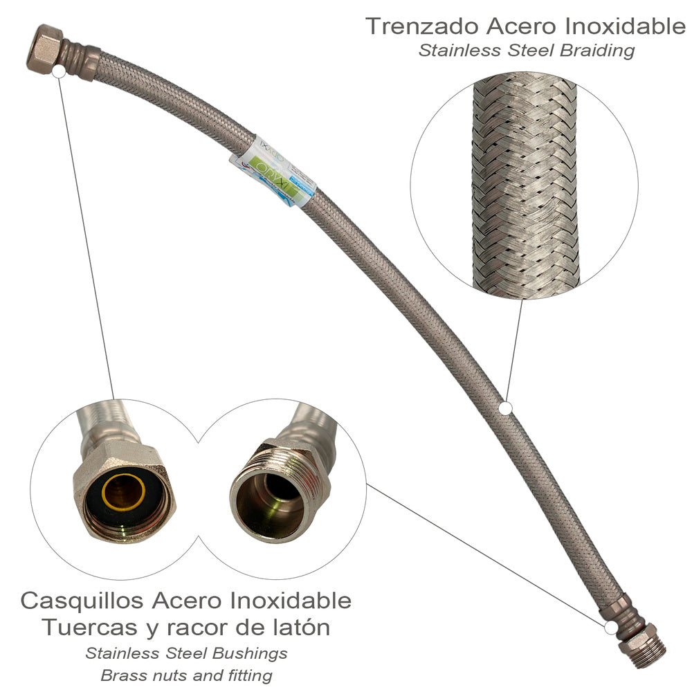 Reinforced stainless steel flexible hose for water heater, male 1/2" - female 1/2", 500 mm length