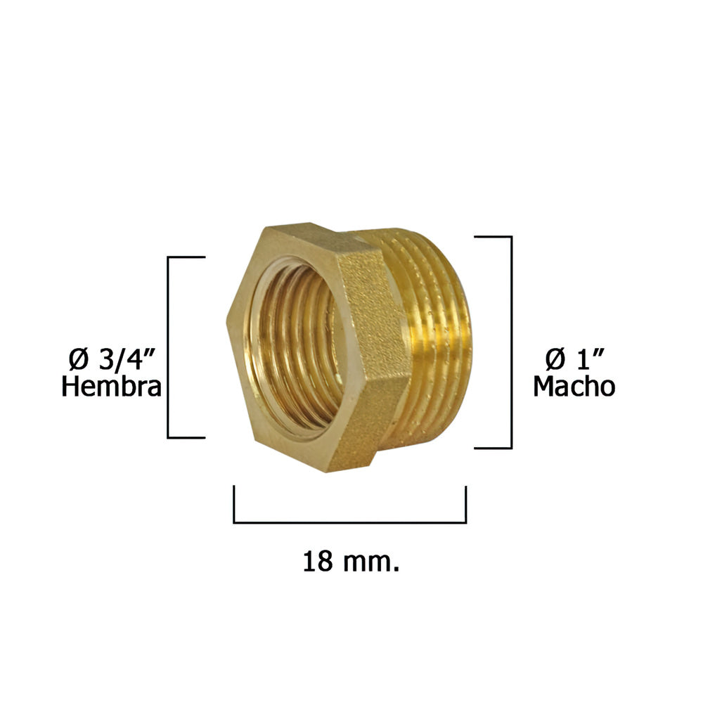 Hexagonal reducing bushing, polished, 1" male x 3/4" female