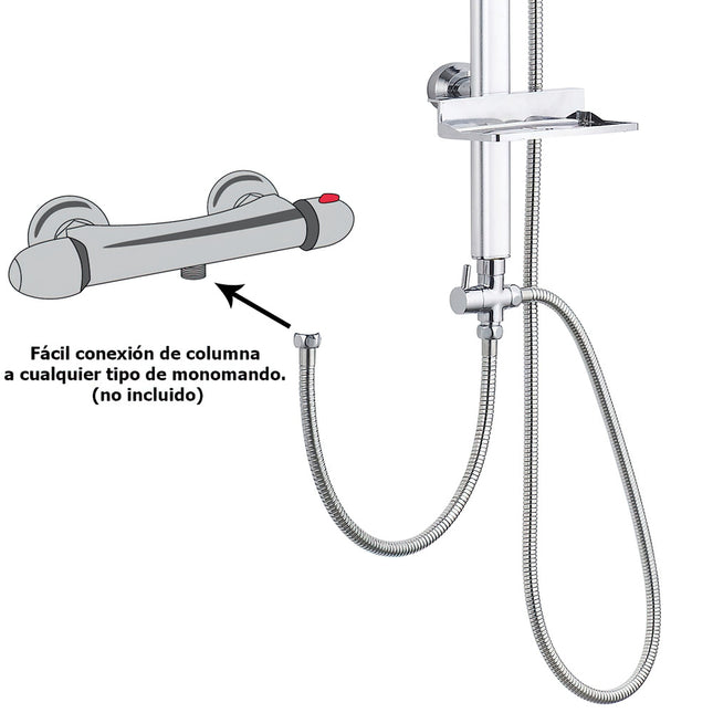 Columna ducha universal multifuncional completa cuadrada, acero inoxidable, rociador alcachofa efecto lluvia 22,5x22,5 cm
