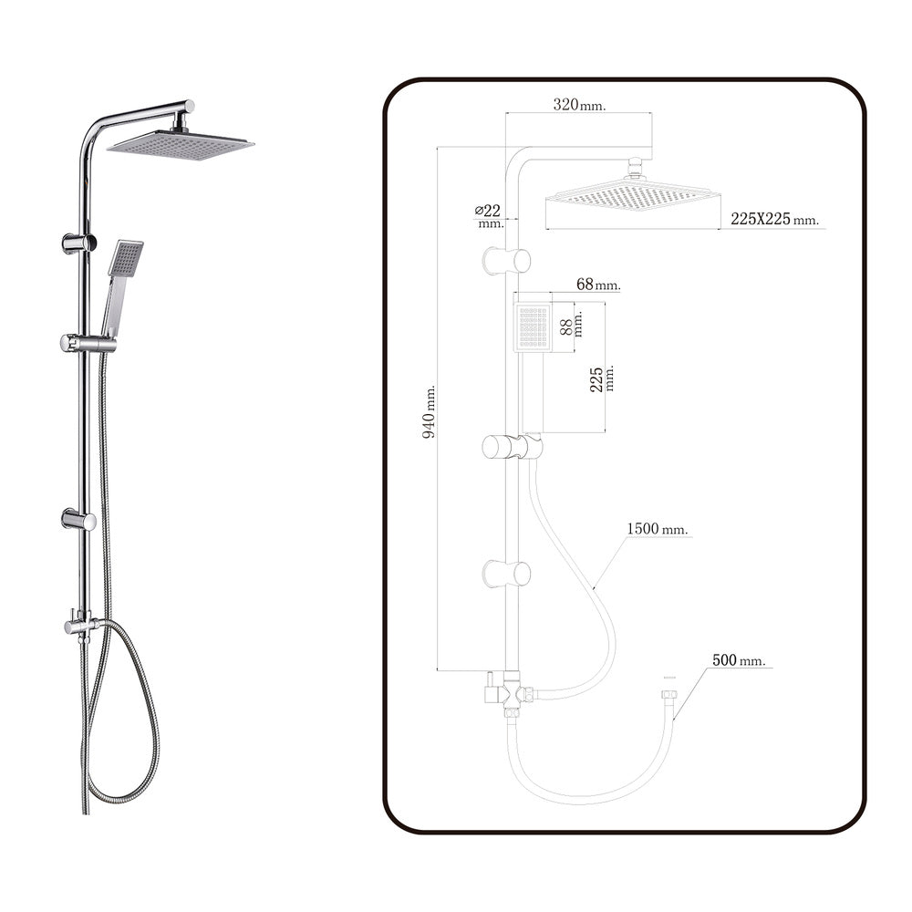 Columna ducha universal multifuncional completa cuadrada, acero inoxidable, rociador alcachofa efecto lluvia 22,5x22,5 cm