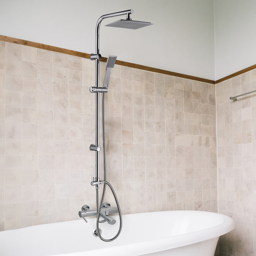 Complete universal multifunctional shower column, square, stainless steel, rain effect shower head 22.5x22.5 cm