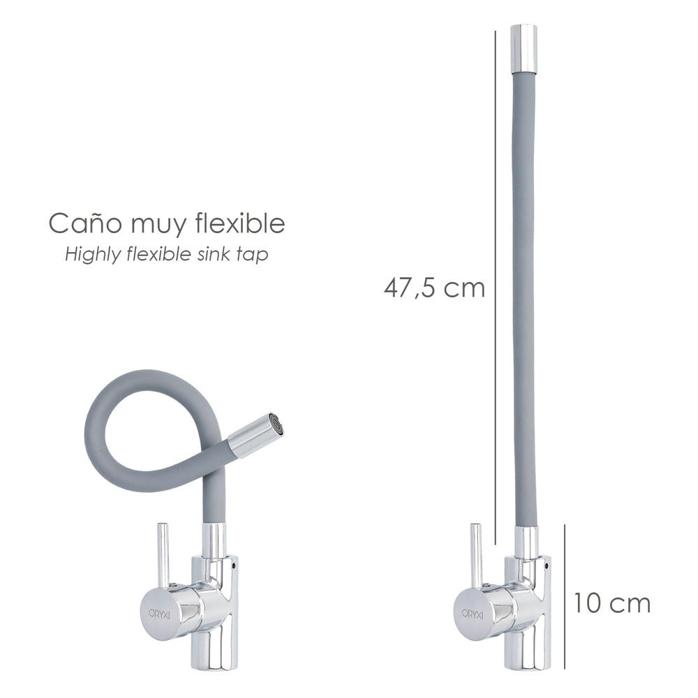 Torneira de cozinha flexível com alavanca única e bica alta. Cartucho cerâmico ø 35 mm