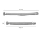 Extendable corrugated stainless steel water pipe. Length 22.5 to 30 cm, 1/2" connections