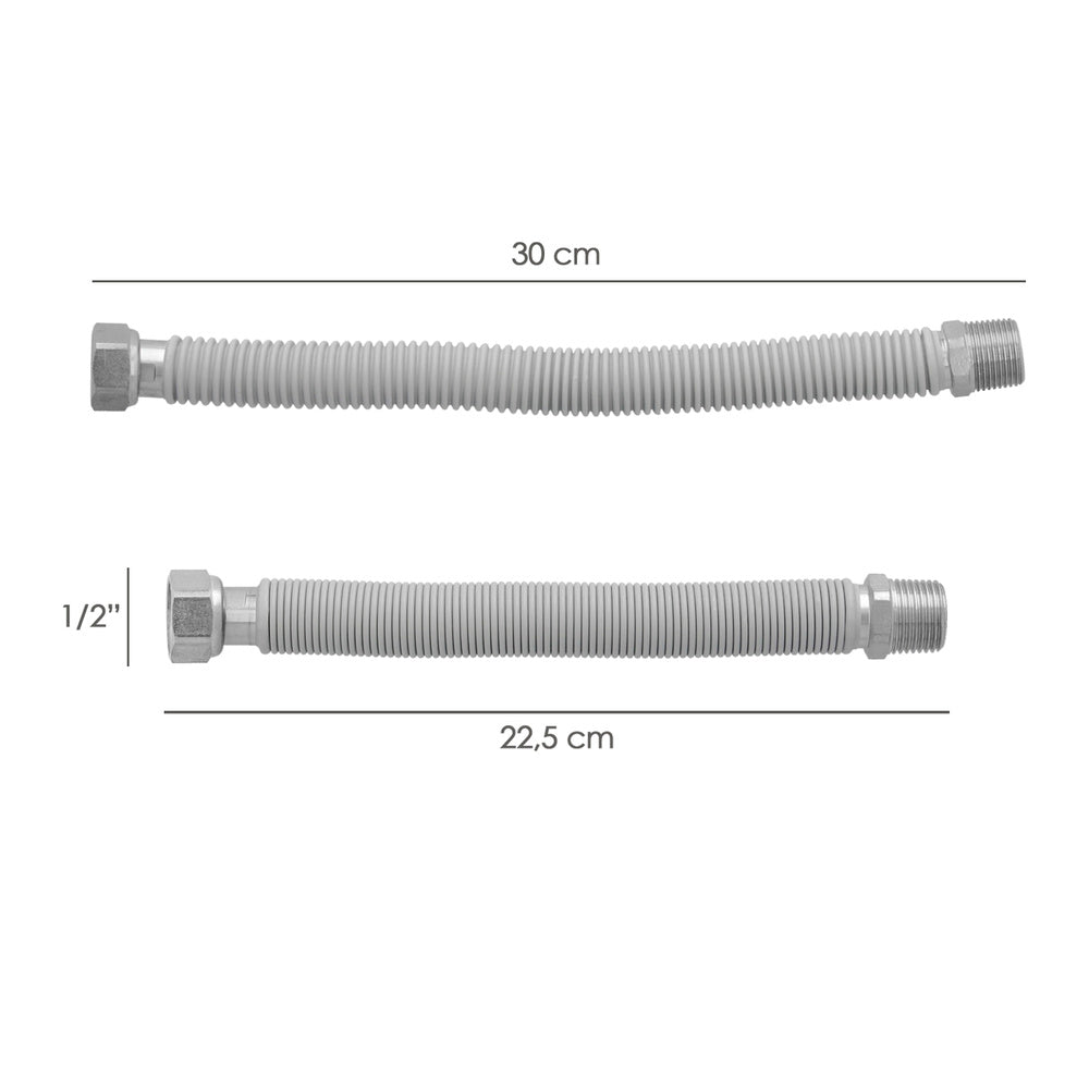 Tubo extensível água aço inox corrugado. Comprimento de 22,5 a 30 cm, ligações 1/2"