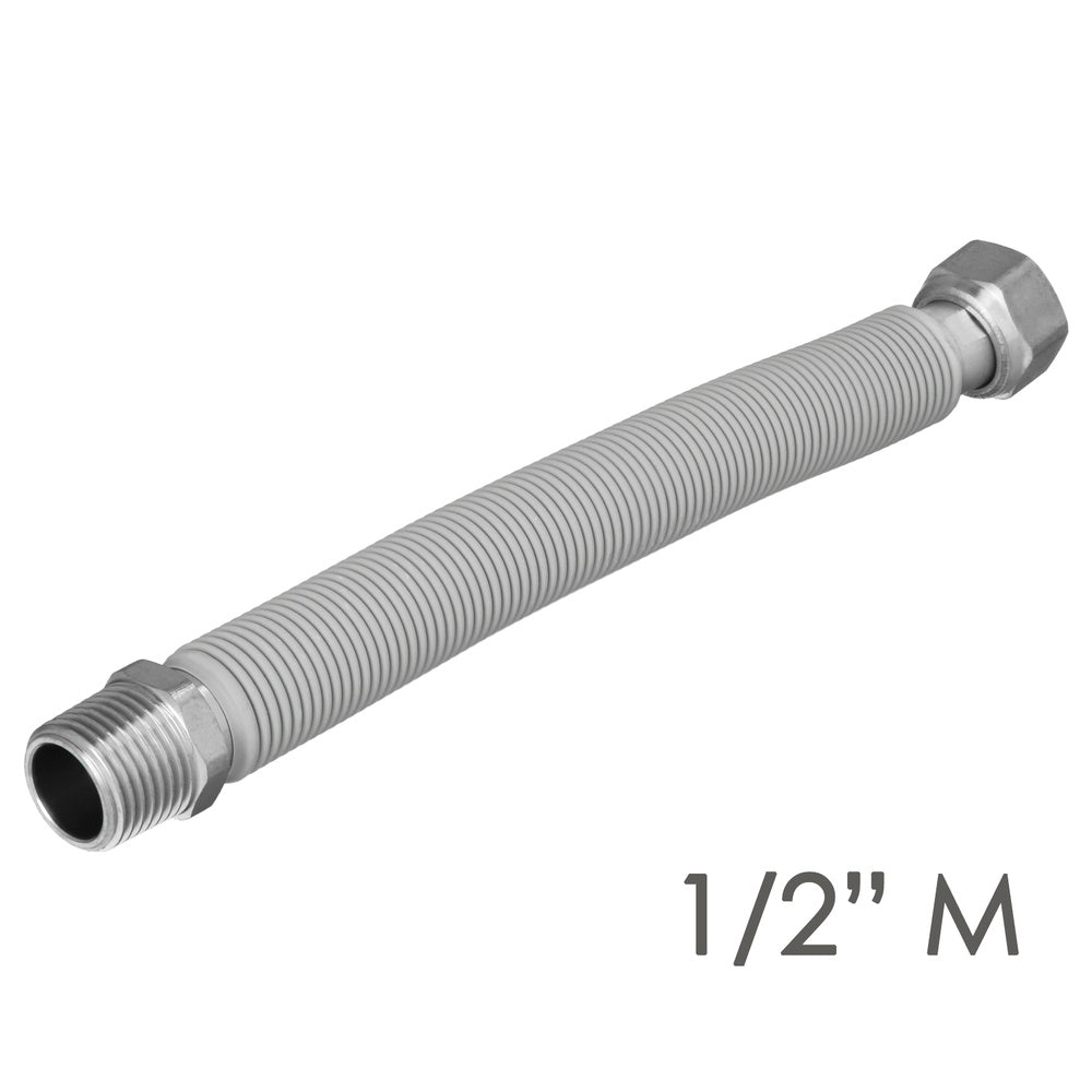 Tubo extensível água aço inox corrugado. Comprimento de 22,5 a 30 cm, ligações 1/2"