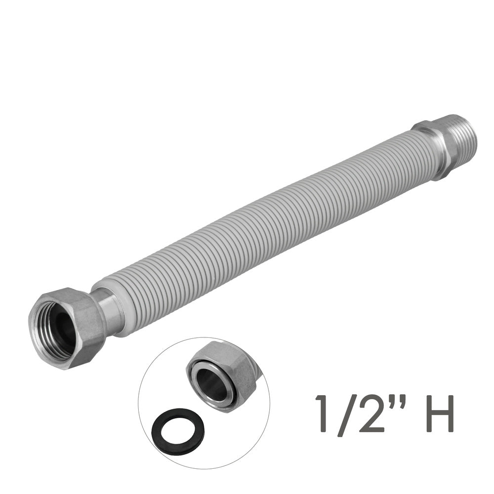 Tubo extensível água aço inox corrugado. Comprimento de 22,5 a 30 cm, ligações 1/2"