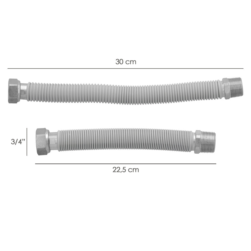 Tubo extensível água aço inoxidável corrugado. Comprimento de 22,5 a 30 cm ligações 3/4"
