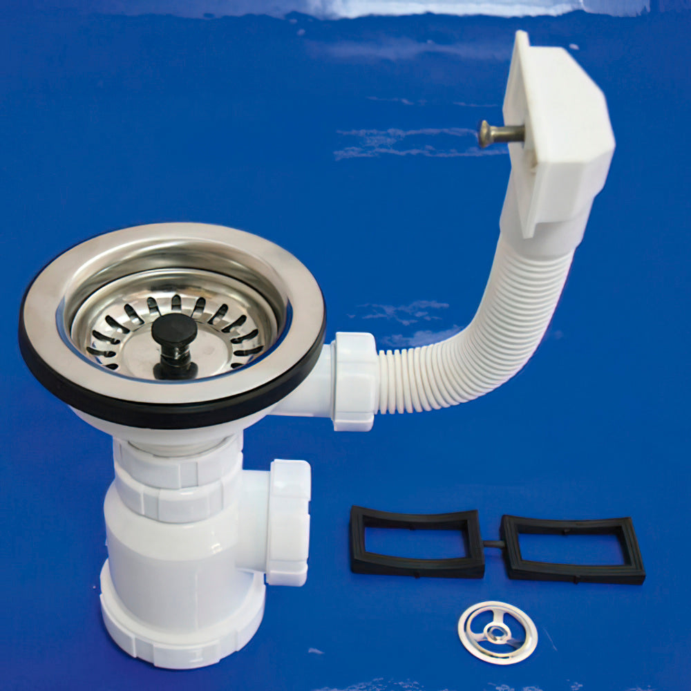 Bottle siphon t-2-cr 1 1/2 with overflow and basket strainer.