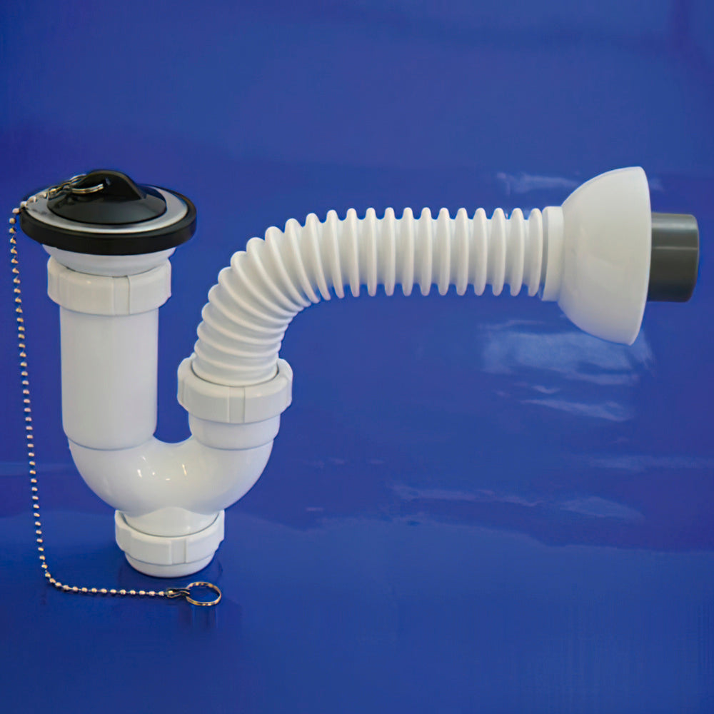 Sifón curvo extensible t-32-f multiorientable  1 1/2, con válvula y tapón.