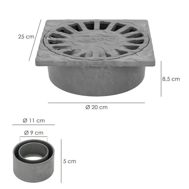 Sumidero sifónico pvc  25x25 cm. salida de ø 90 / 110 mm. desagüe, desaguadero, tragadero, alcantarilla,
