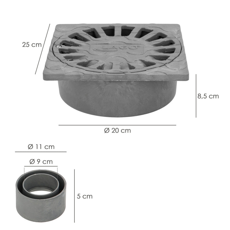 Sumidero sifónico pvc  25x25 cm. salida de ø 90 / 110 mm. desagüe, desaguadero, tragadero, alcantarilla,