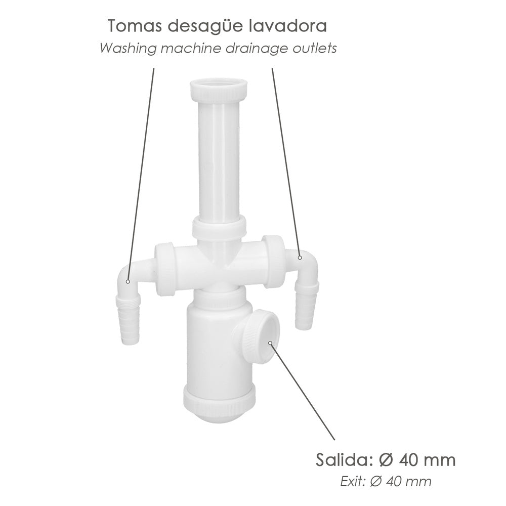 Sifão de garrafa extensível 1 1/2" saída ø 40mm 2 tomadas de máquina de lavar
